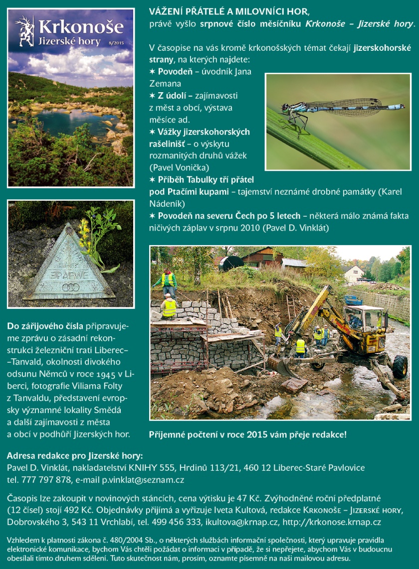 Právě vychází srpnové číslo časopisu Krkonoše – Jizerské hory 1 anotace