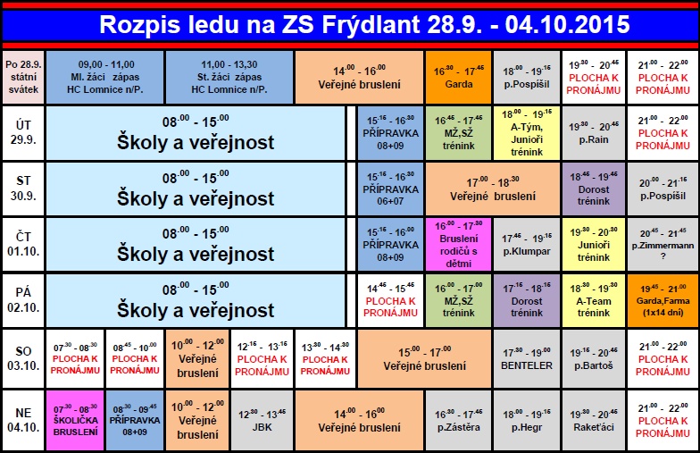 Rozpis ledu na ZS Frýdlant od 28. září do 4. října 2015