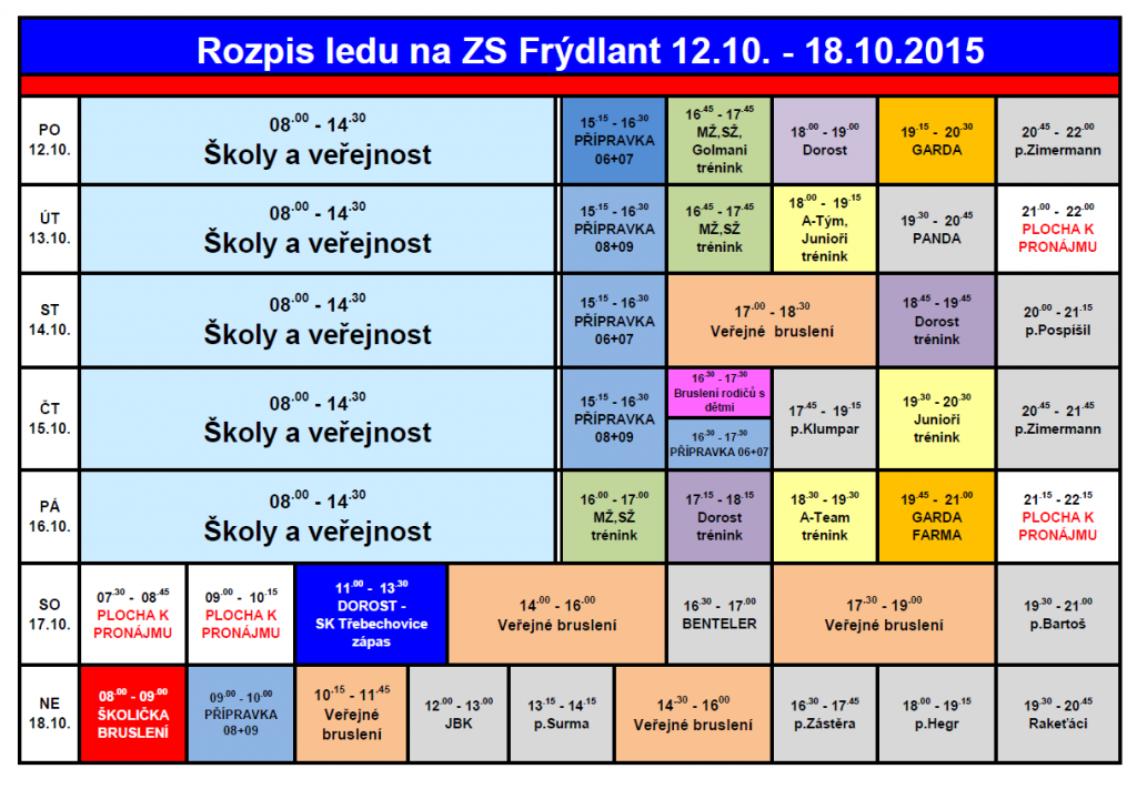 Rozpis ledu na ZS Frýdlant od 12. října do 18. října 2015