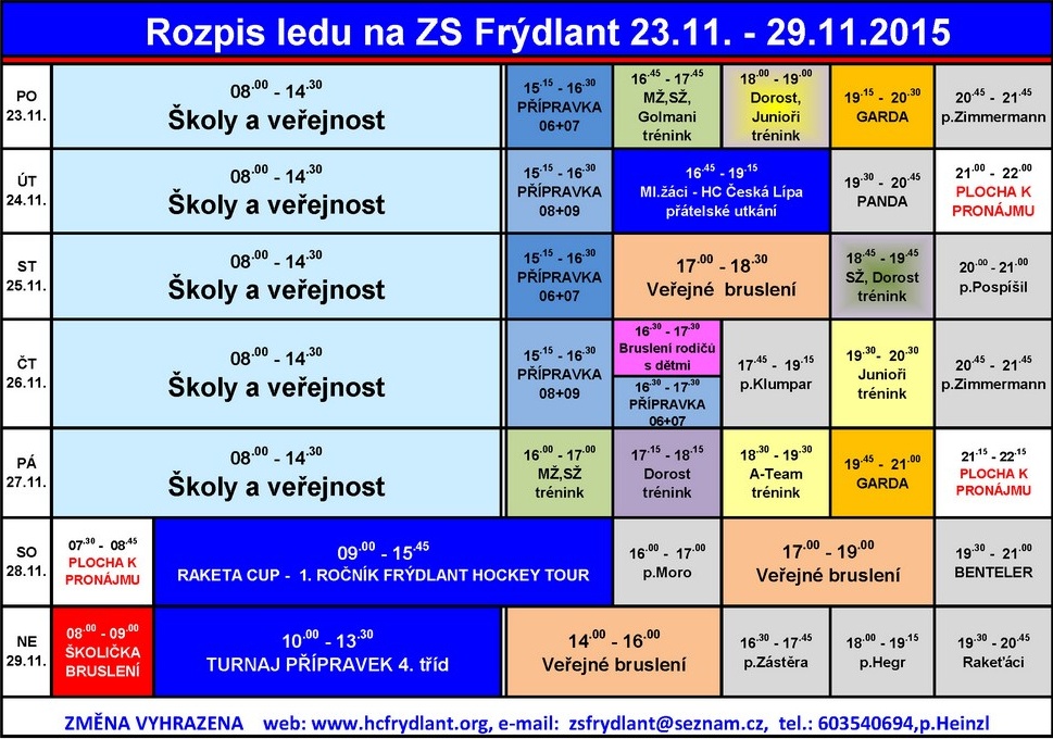 Rozpis ledu na ZS Frýdlant od 23. listopadu do 29. listopadu 2015