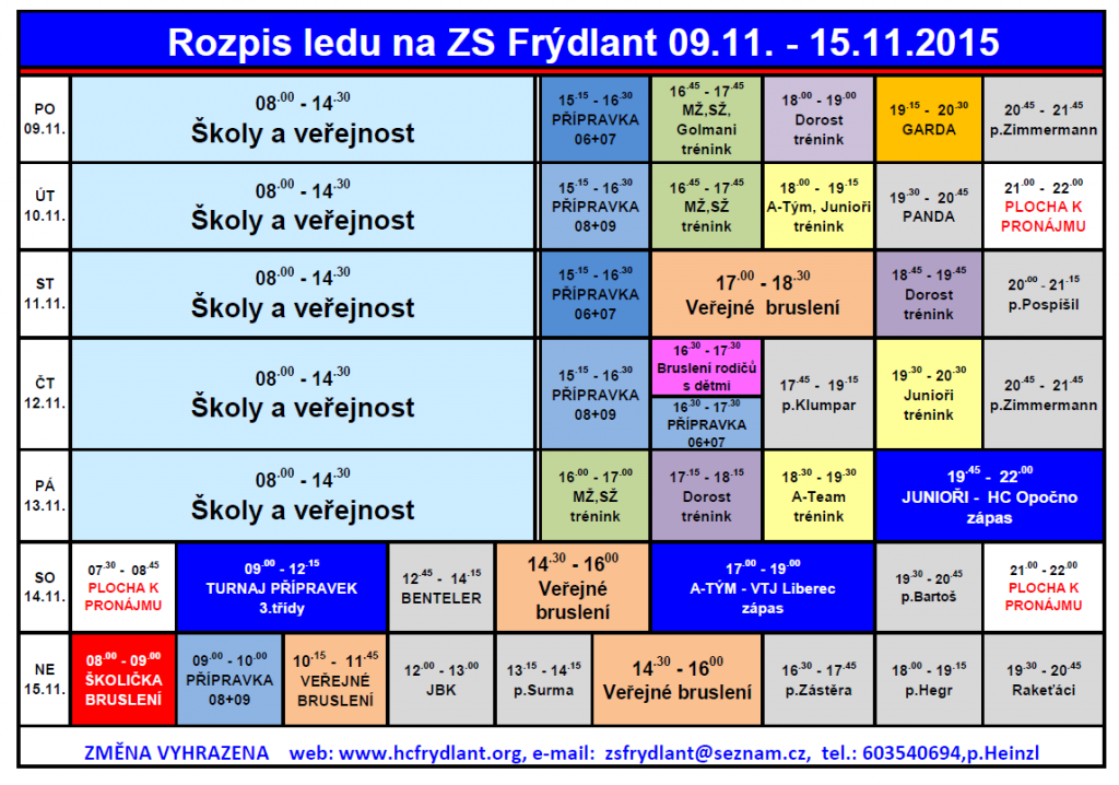 Rozpis ledu na ZS Frýdlant od 9. listopadu do 15. listopadu 2015