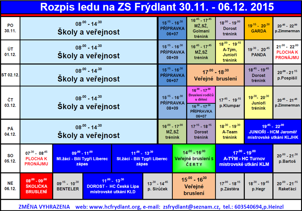 Rozpis ledu na ZS Frýdlant od 30. listopadu do 6. prosince