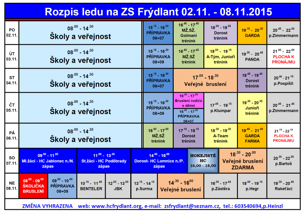 Rozpis ledu na ZS Frýdlant od 2. listopadu do 8. listopadu 2015