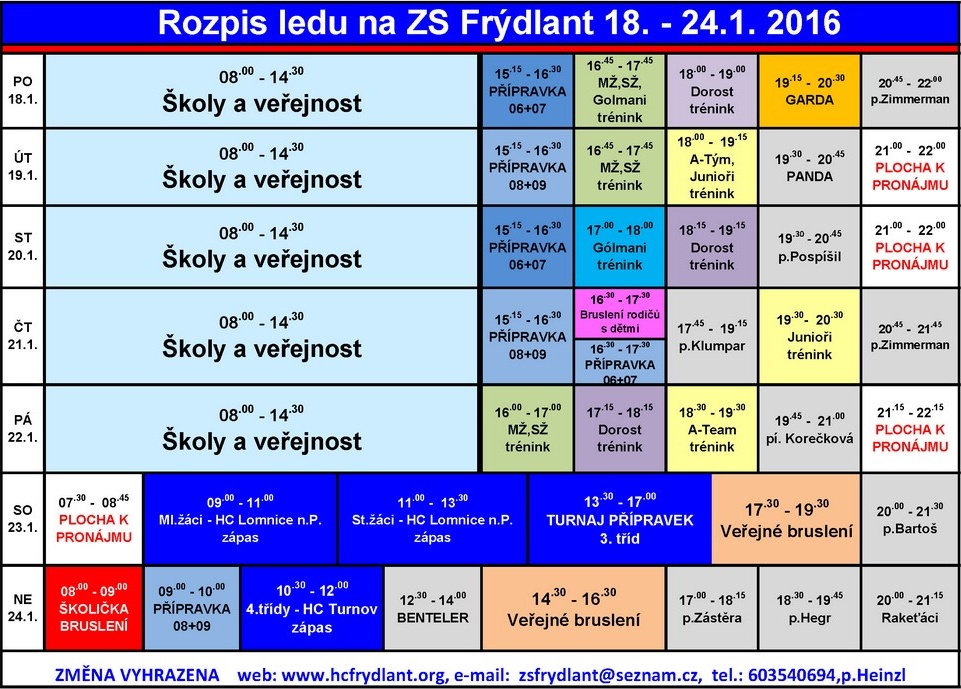 Rozpis ledu na ZS Frýdlant 18. – 24. ledna 2016