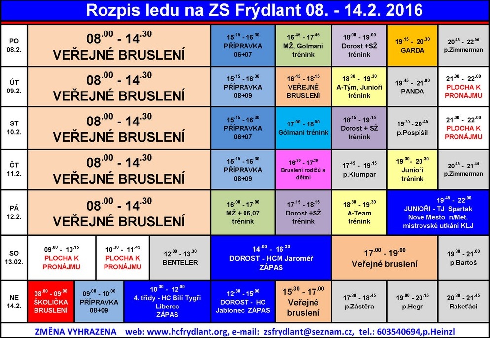 Rozpis ledu na ZS Frýdlant 8. – 14. února 2016