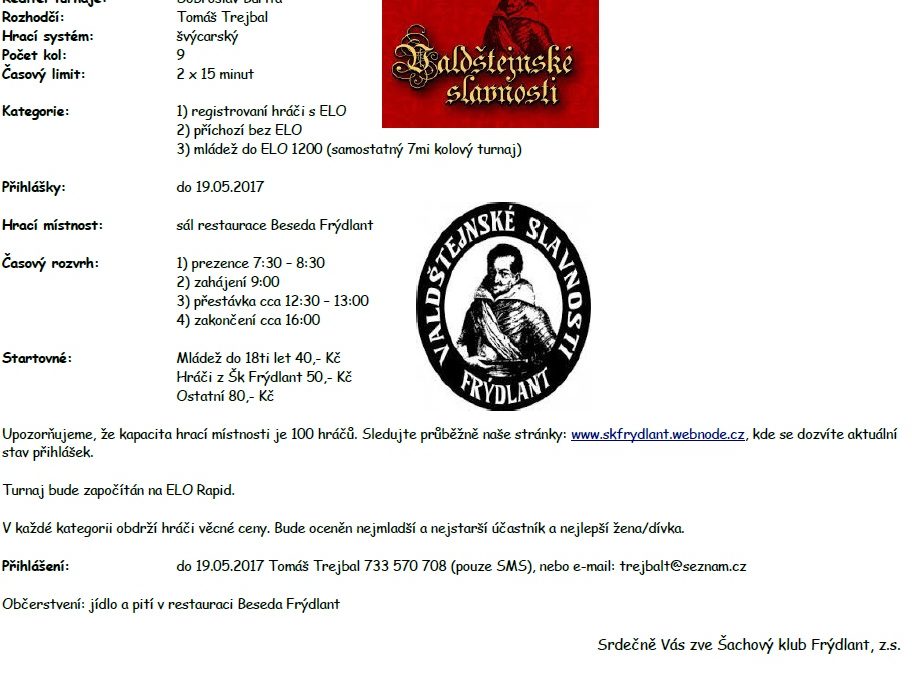 Pozvánka na šachový turnaj „Memoriál Josefa Dřevínka“