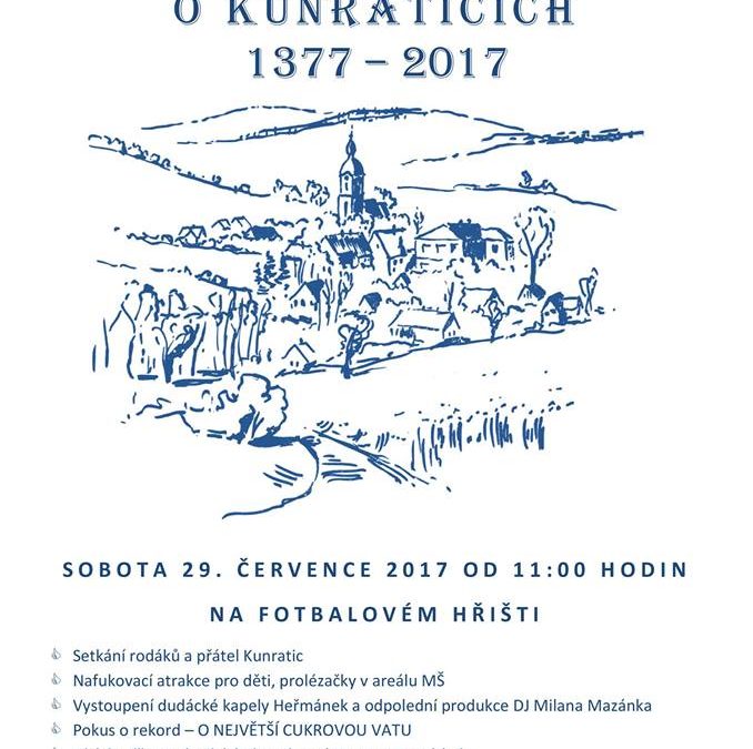 Pozvánka na oslavu 640. výročí první písemné zmínky o Kunraticích