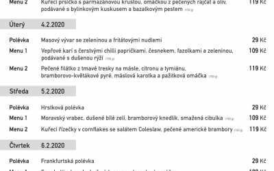 Polední menu rodinné restaurace a penzionu Na Rozcestí Frýdlant 3.-7. 2. 2020