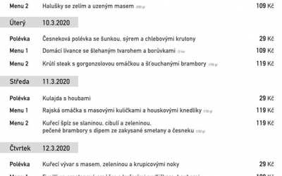 Polední menu rodinné restaurace a penzionu Na Rozcestí Frýdlant 9.-13. března 2020