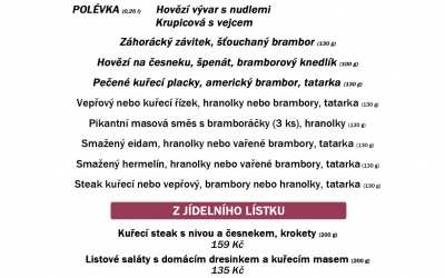 Polední menu na středu 6. května restaurace Dělňák v Novém městě pod Smrkem