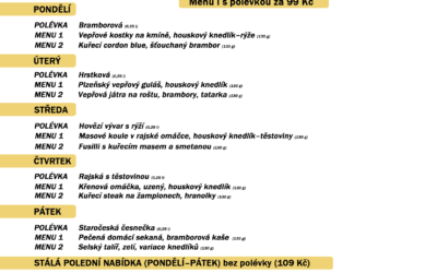 Polední menu na týden 24. až 28. srpna 2020 restaurace Dělňák v Novém městě pod Smrkem