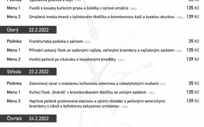 Akce na Frýdlantsku 3 Polední menu na týden 21. až 25. února 2022 v rodinné restauraci a penzionu Na Rozcestí Frýdlant