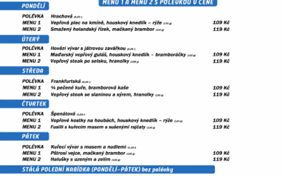 Služby, společnosti, firmy a živnostníci 39 Polední menu na týden 4. – 8. dubna 2022 restaurace Dělňák v Novém Městě pod Smrkem