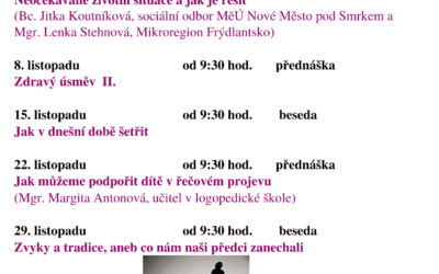 Besedy a přednášky v rodinném centru Mateřídouška v Hejnicích listopad 2022